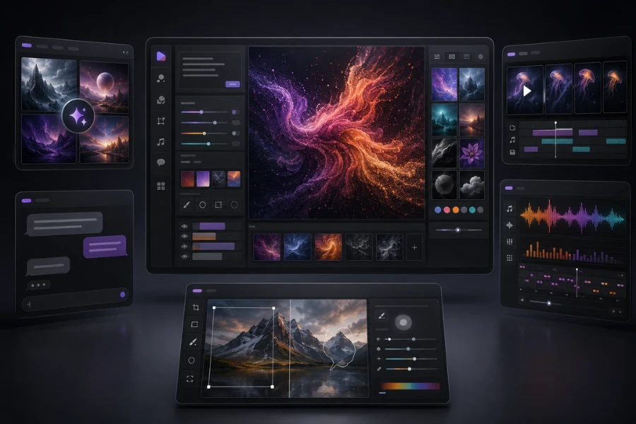 DeepAI features for image, video, chat, music, and photo editing