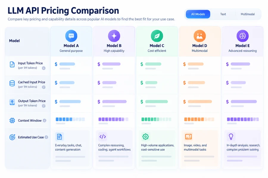 LLM API pricing comparison by input, cached input, output, and context
